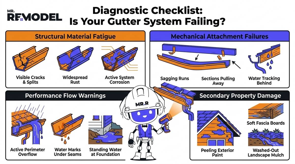 A practical homeowner diagnostic infographic outlining the structural, mechanical, and performance warning signs that indicate a gutter system requires replacement.